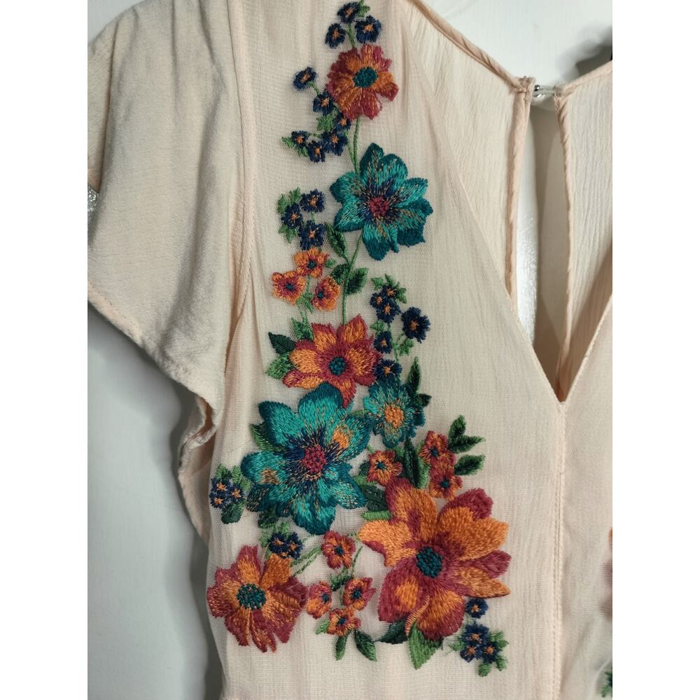 5579) Miss Me Blush Boho Floral Embroidery Side Slit Peasant Maxi Dress Small - Picture 4 of 11